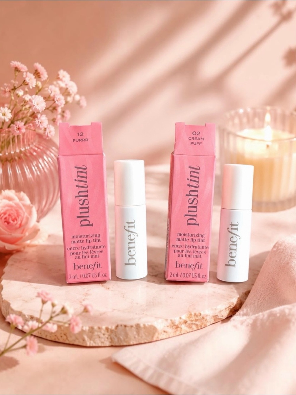 Benefit 
2- Mini Plushtint Moisturizing Matte Lip Tint 
02 Cream Puff + 12 Purrr